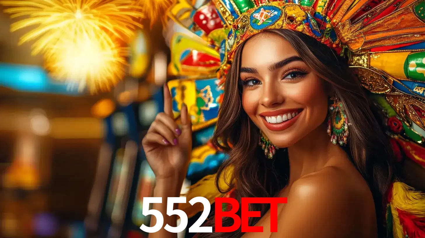 Mulher sorridente com um cocar de carnaval vibrante e colorido, celebrando uma grande vitória nos jogos do cassino 552bet com fogos de artifício ao fundo.