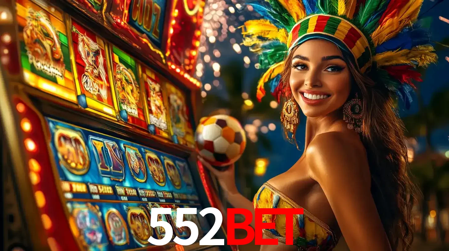Mulher com um cocar de carnaval ao lado de uma máquina de caça-níqueis enquanto segura uma bola de futebol, mostrando a união da diversão de cassino e esportes no 552bet.