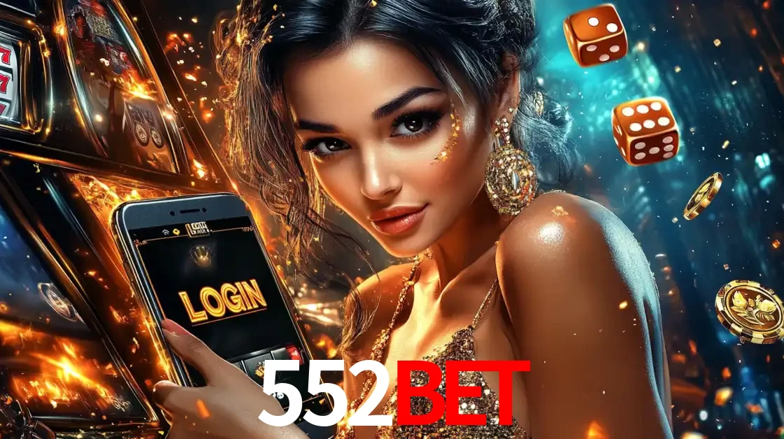 Mulher glamourosa segurando um celular com a tela de login do cassino 552bet, rodeada por dados e moedas douradas, pronta para começar a diversão.