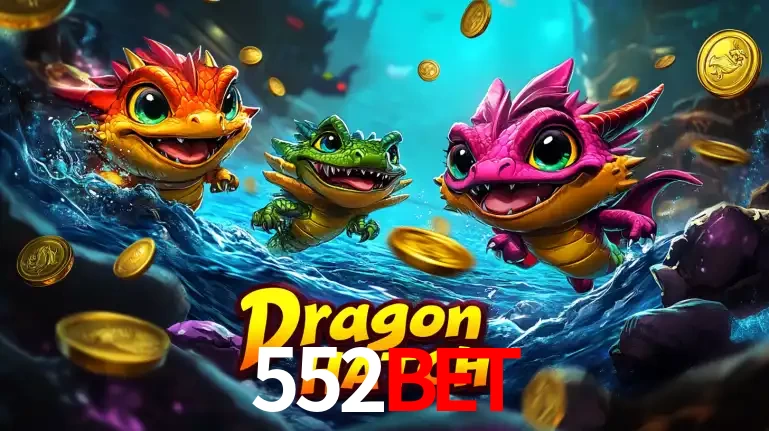 Arte promocional do jogo Dragon Hatch com três adoráveis dragões bebês nadando entre moedas de ouro, um dos slots mais divertidos para jogar no cassino 552bet.