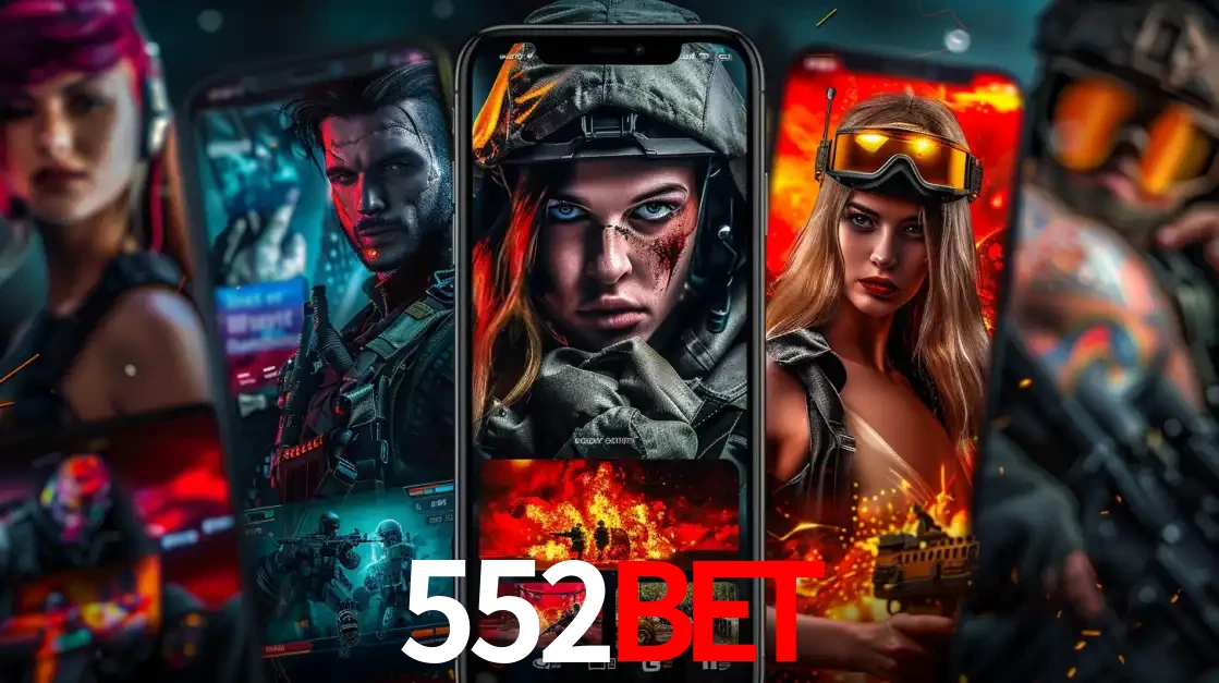 Montagem de telas de celular mostrando diversos personagens, masculinos e femininos, de um jogo de tiro, ilustrando a diversidade de equipes de e-sports para apostar no 552bet.