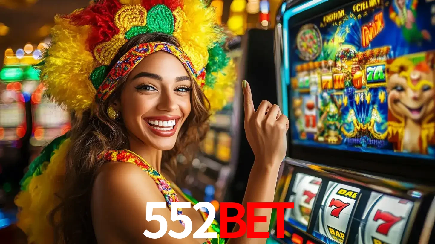 Mulher animada com um cocar de carnaval apontando para uma máquina de caça-níqueis, mostrando a emoção de ganhar um grande prêmio nos jogos do 552bet.