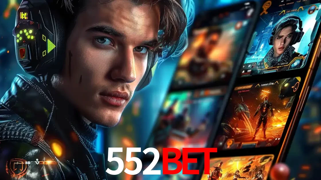 Jovem jogador com fones de ouvido olhando para a câmera, com um aplicativo de jogos e e-sports para celular ao fundo, pronto para a competição e apostas no 552bet.