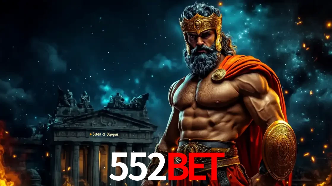 O poderoso Zeus do jogo de slot Gates of Olympus em frente ao seu templo, pronto para lançar multiplicadores divinos e prêmios épicos no cassino online 552bet.