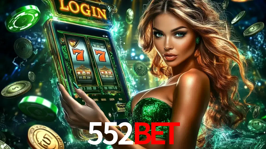 Mulher com tema verde apresentando o aplicativo do cassino 552bet com um jogo de slot de 777, cercada por fichas de cassino e uma aura de sorte.