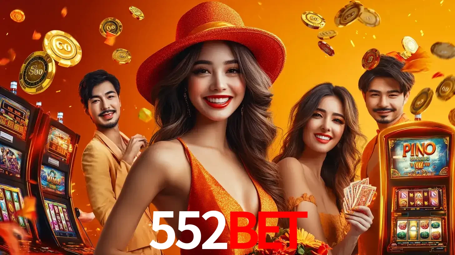 Grupo de amigos asiáticos sorrindo e se divertindo com máquinas de caça-níqueis em um ambiente festivo, celebrando suas vitórias nos jogos de cassino do 552bet.