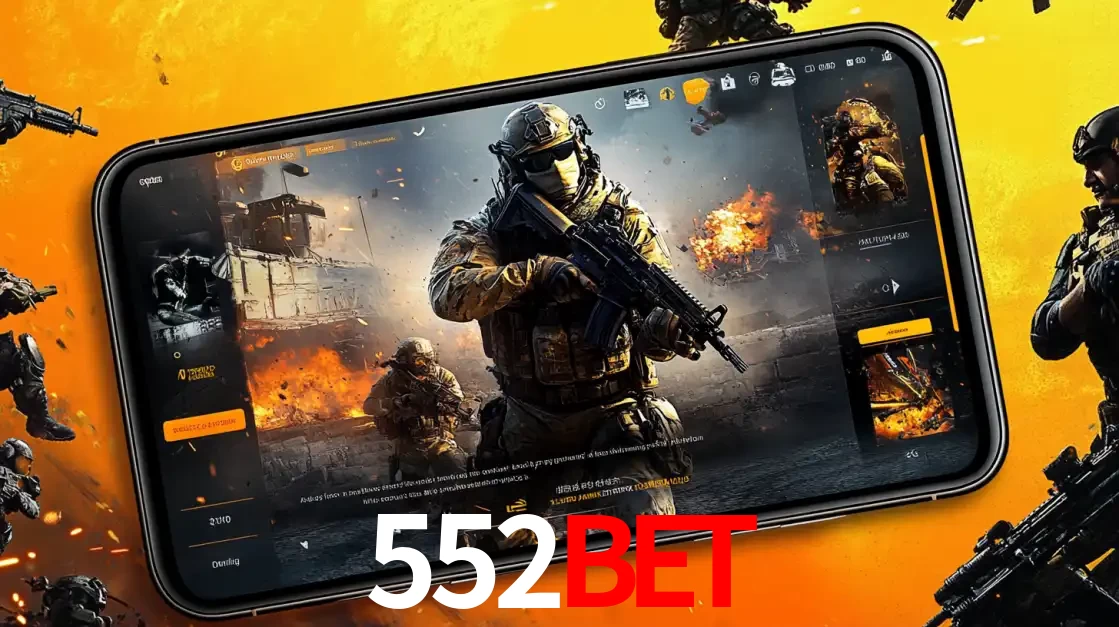 Um smartphone exibindo a interface de um jogo de tiro em primeira pessoa, com um soldado em um cenário de batalha, representando a ação dos e-sports para apostar no 552bet.