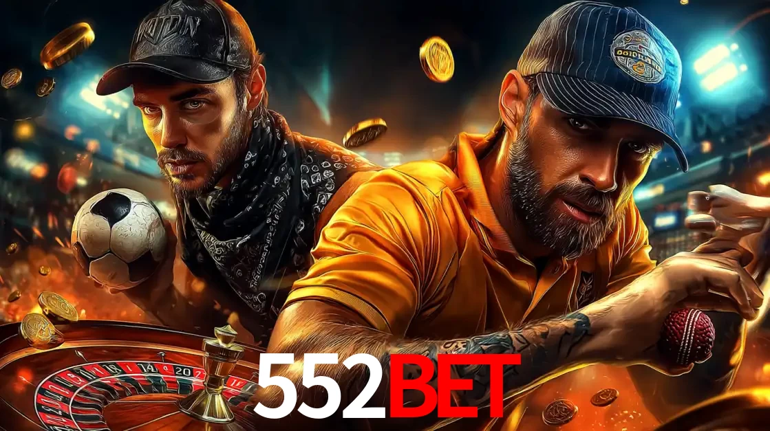 Montagem de apostas esportivas e cassino no 552bet, com um homem segurando uma bola de futebol e outro uma de beisebol sobre uma roleta e moedas voadoras.