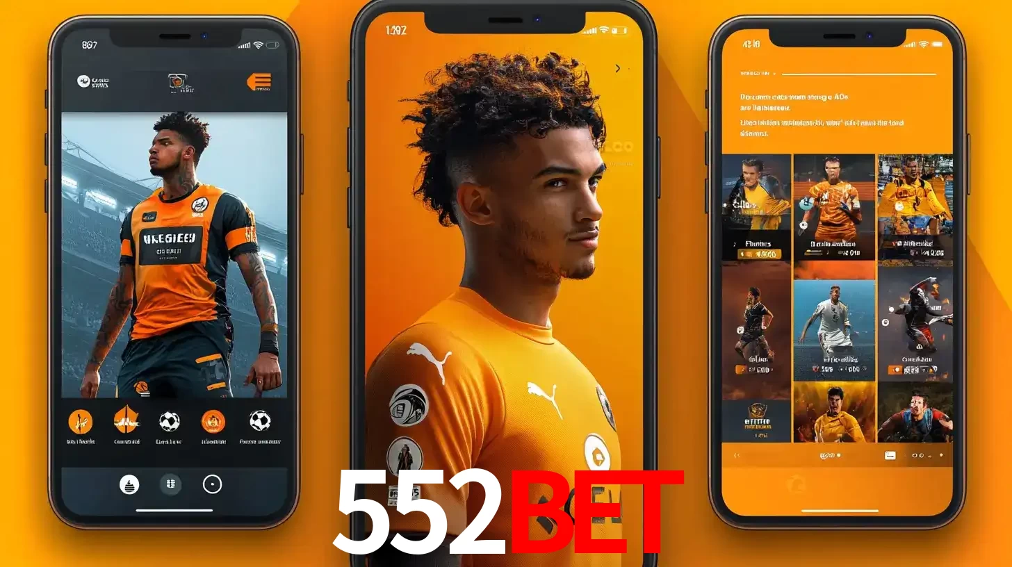 Interface do aplicativo de apostas esportivas 552bet em três telas de celular, mostrando o perfil de um jogador de futebol e a lista de jogos disponíveis para apostar.