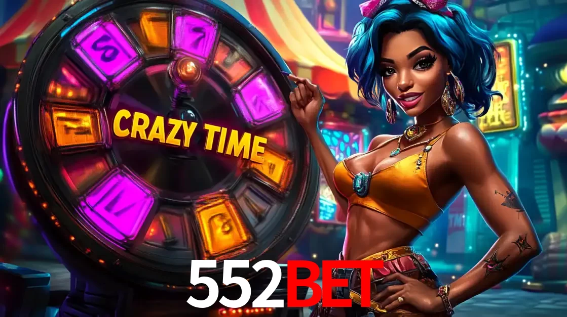 Mulher estilizada com cabelo azul e visual vibrante posando ao lado da roda de prêmios do game show Crazy Time, convidando para a diversão e os bônus do cassino 552bet.