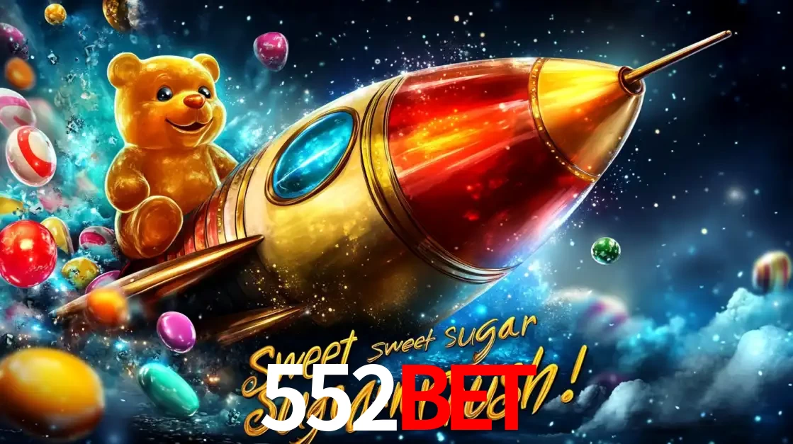 Arte promocional do jogo de slot Sugar Rush, com um urso de pelúcia em um foguete viajando pelo espaço de doces, um dos jogos divertidos disponíveis no cassino 552bet.