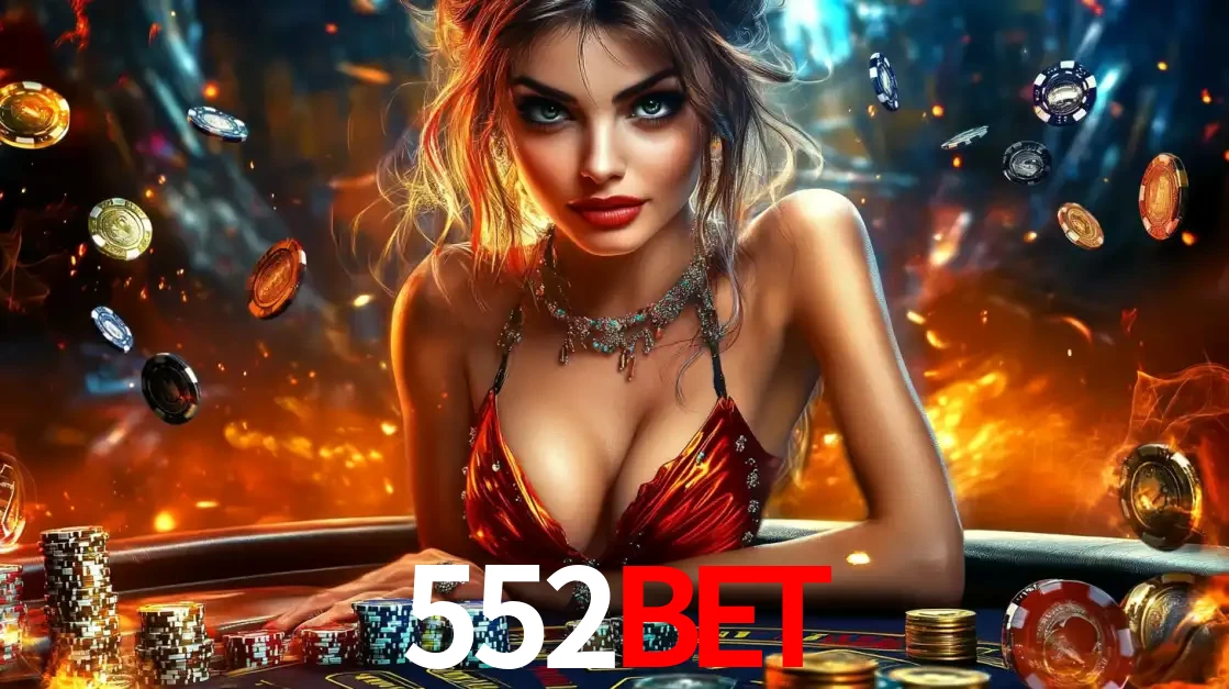 Mulher em uma mesa de cassino com pilhas de fichas e um fundo de fogo, pronta para uma rodada de altas apostas nos jogos de mesa emocionantes do cassino 552bet.