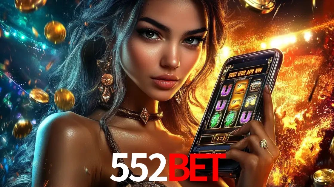 Mulher elegante mostrando um jogo de caça-níqueis em seu smartphone, destacando a experiência de cassino móvel oferecida pelo aplicativo 552bet.