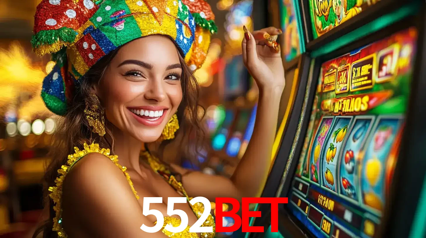 Mulher feliz com traje de carnaval amarelo e colorido ao lado de uma máquina de caça-níqueis, aproveitando a diversão e os jogos temáticos do cassino 552bet.