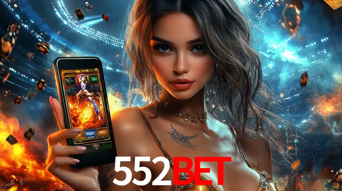 Mulher segurando um celular com um jogo de slot em destaque, tendo como fundo um estádio vibrante, simbolizando a emoção de jogar no cassino móvel 552bet.